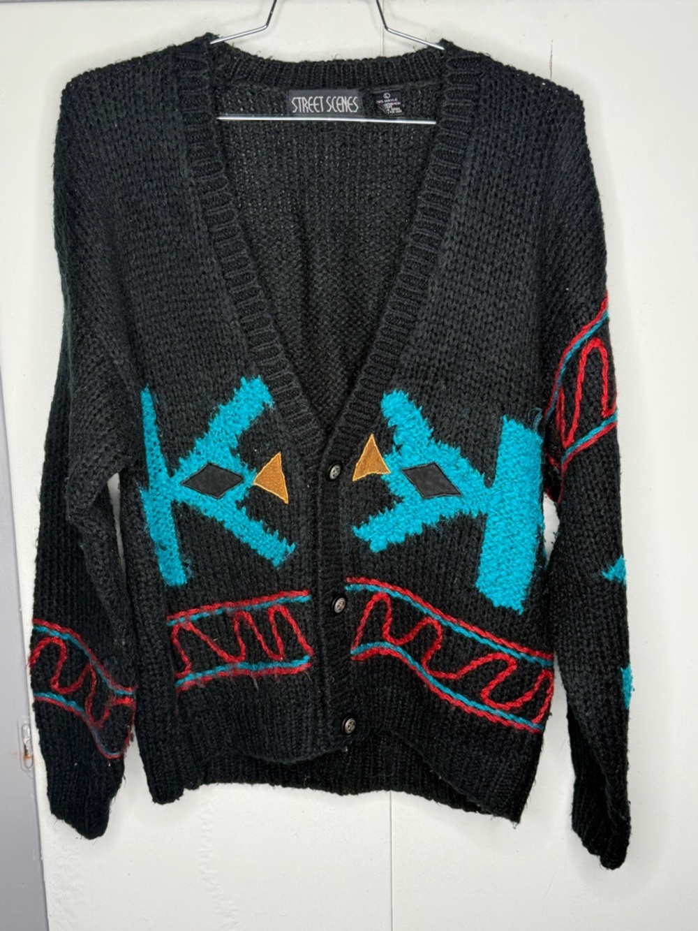 Street Scenes Men's 80's 90's Knit Oversized Cardigan teal Sweater Large